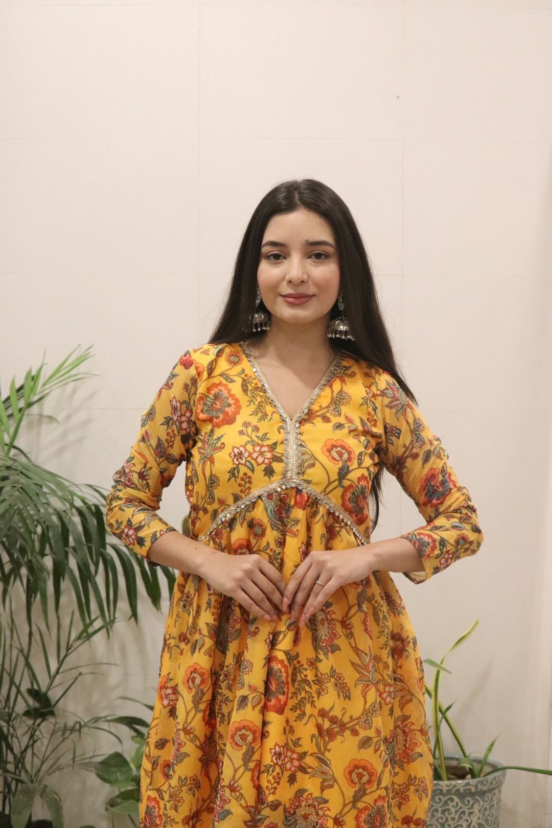 Sunshine Mustard Floral Organza Kurti Palazzo Set