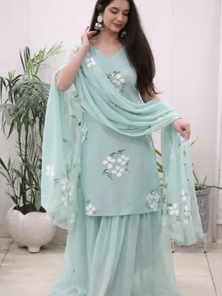 Elegant Mint Green Handpainted Sharara Set with Dupatta