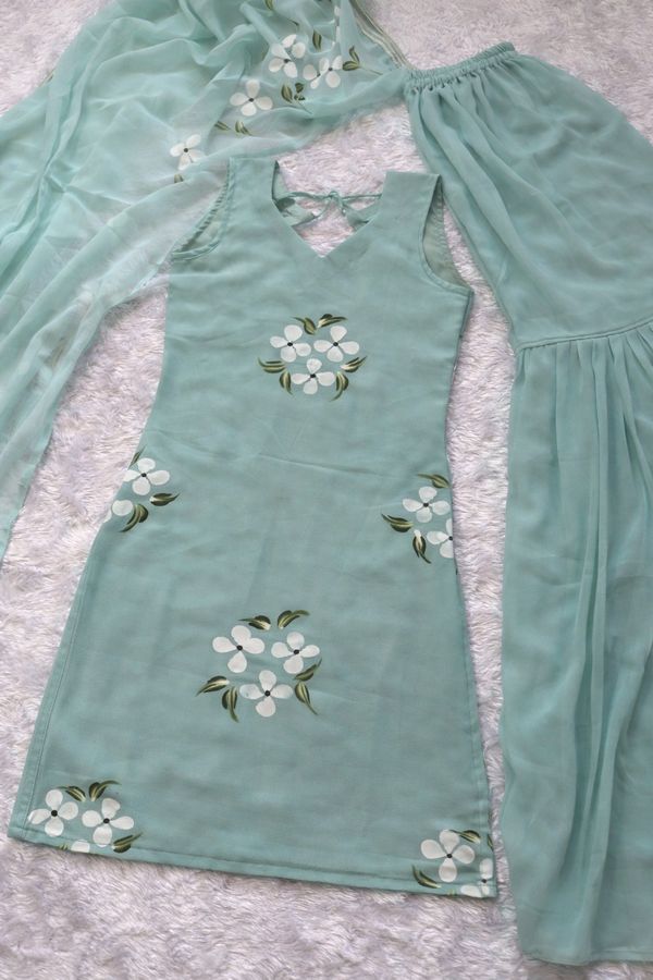 Elegant Mint Green Handpainted Sharara Set with Dupatta