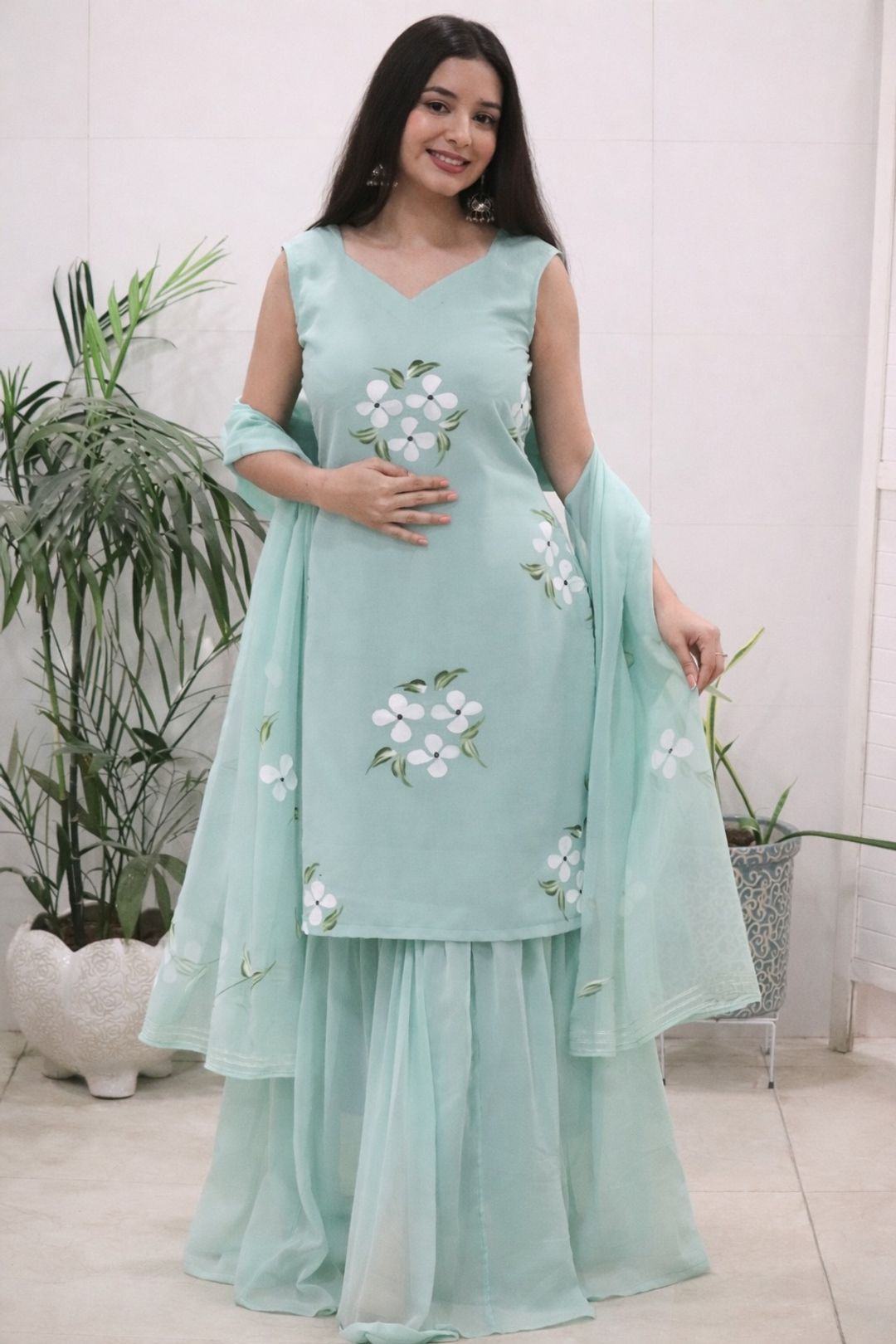 Elegant Mint Green Handpainted Sharara Set with Dupatta