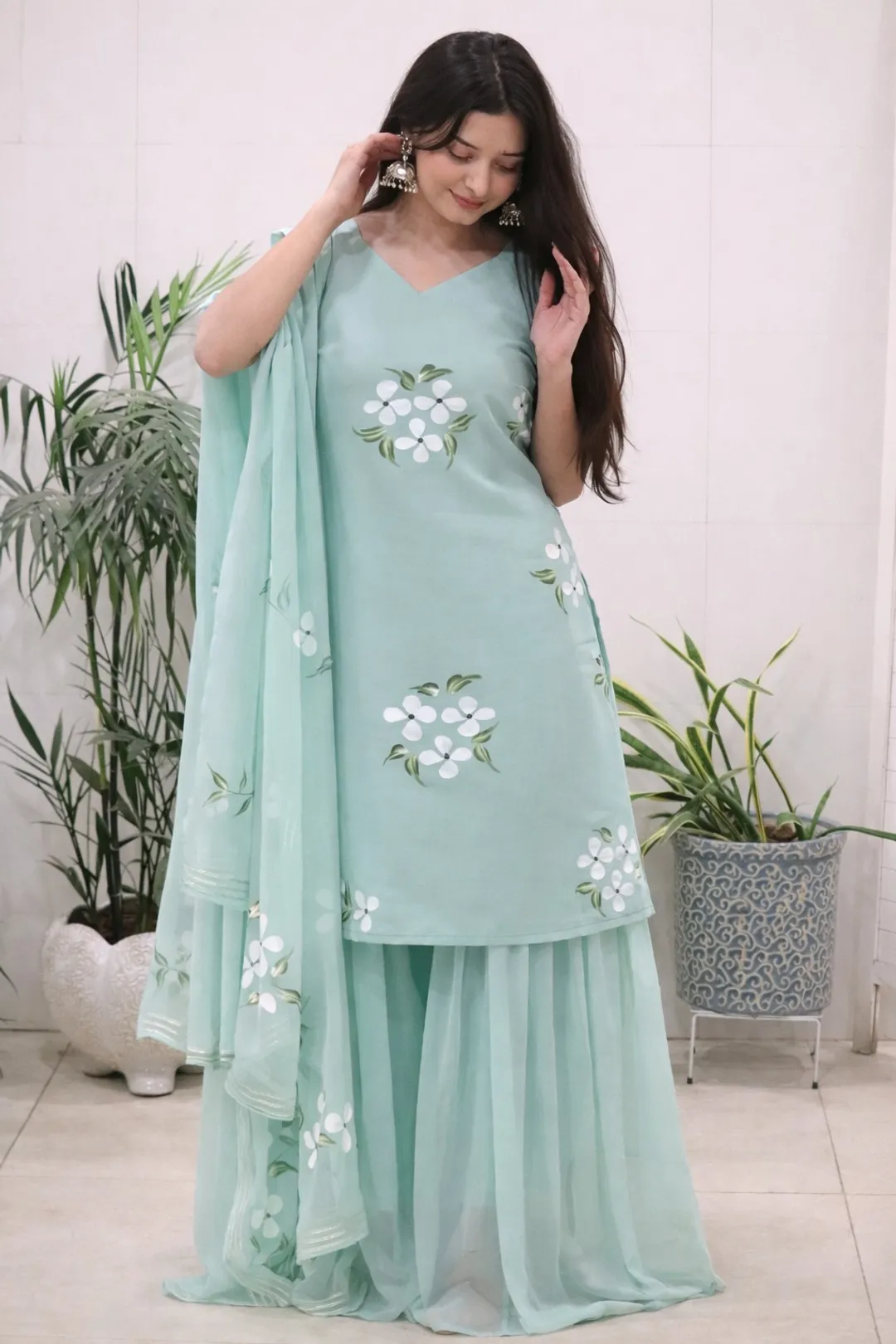 Elegant Mint Green Handpainted Sharara Set with Dupatta