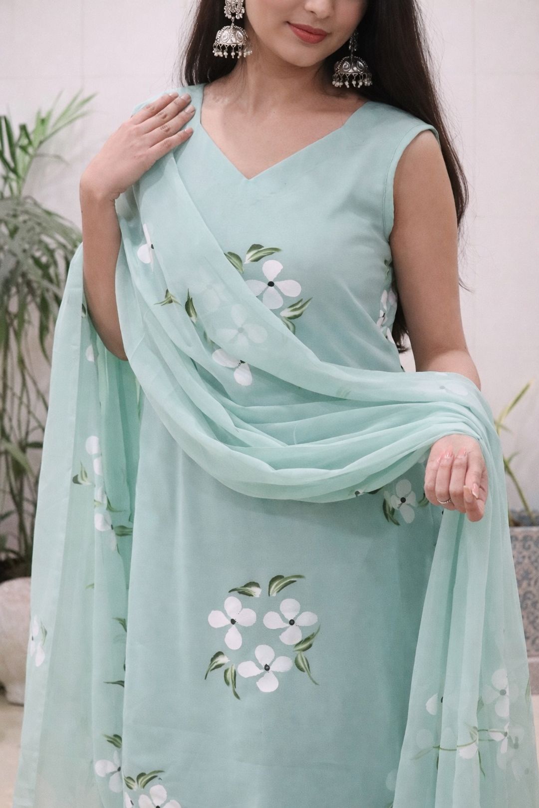 Elegant Mint Green Handpainted Sharara Set with Dupatta