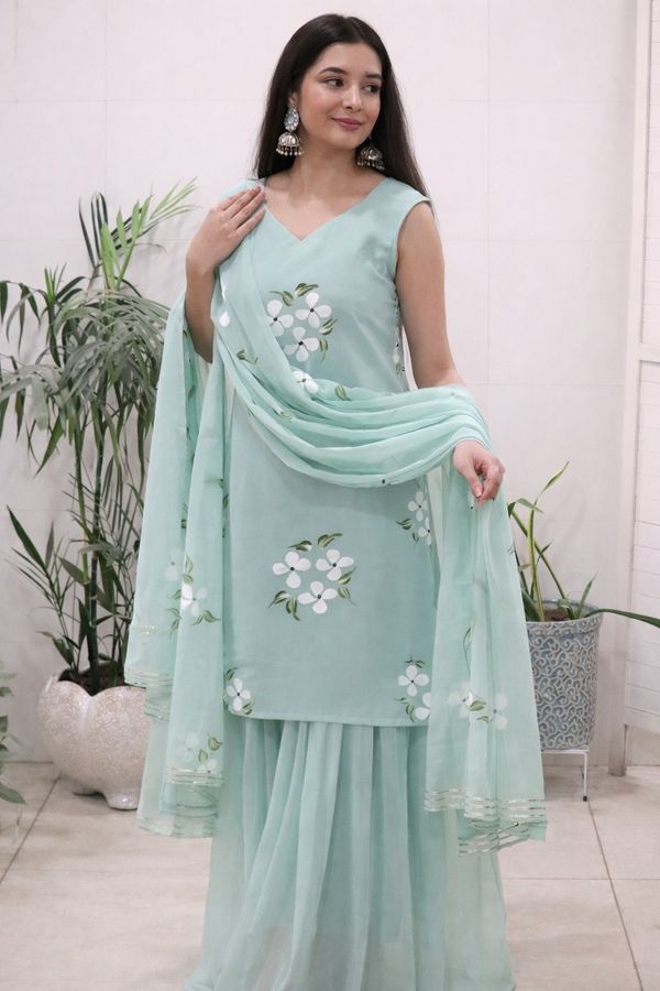 Elegant Mint Green Handpainted Sharara Set with Dupatta