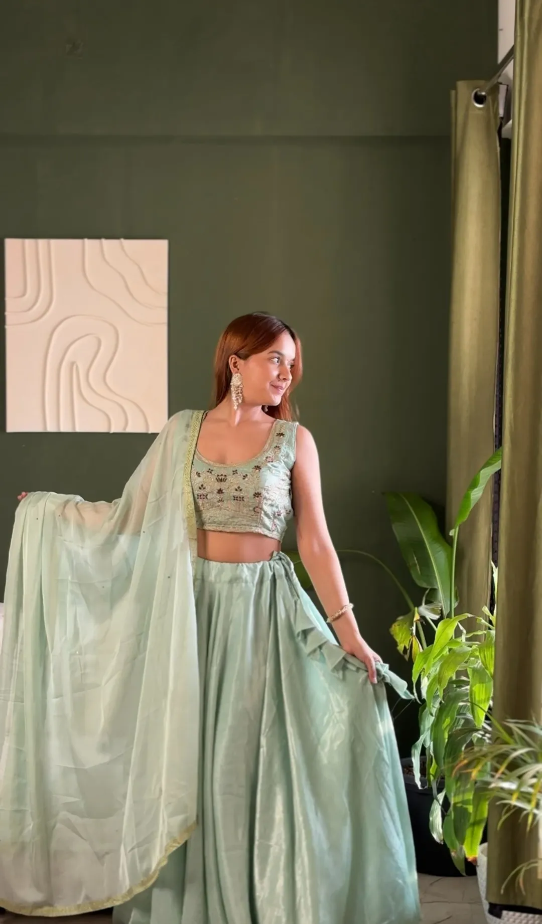 Mint Embroidered Lehenga Set with Net Dupatta for Women