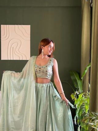 Mint Embroidered Lehenga Set with Net Dupatta for Women