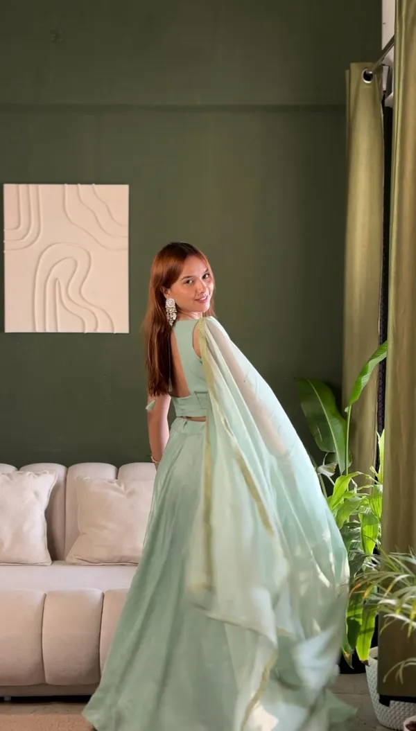 Mint Embroidered Lehenga Set with Net Dupatta for Women