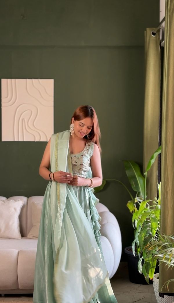 Mint Embroidered Lehenga Set with Net Dupatta for Women
