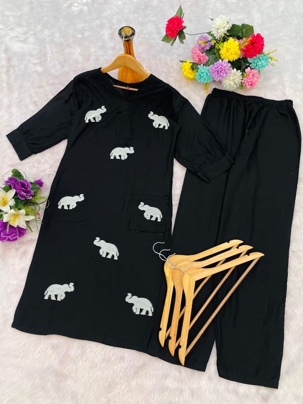 Elegant Black Elephant Print Rayon Kurti Pant Set