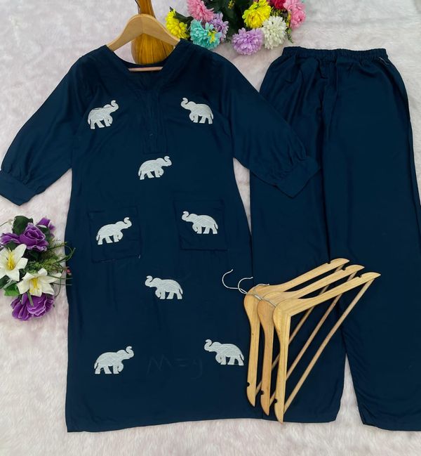Stylish Teal Elephant Embroidery Rayon Kurti Pant Set