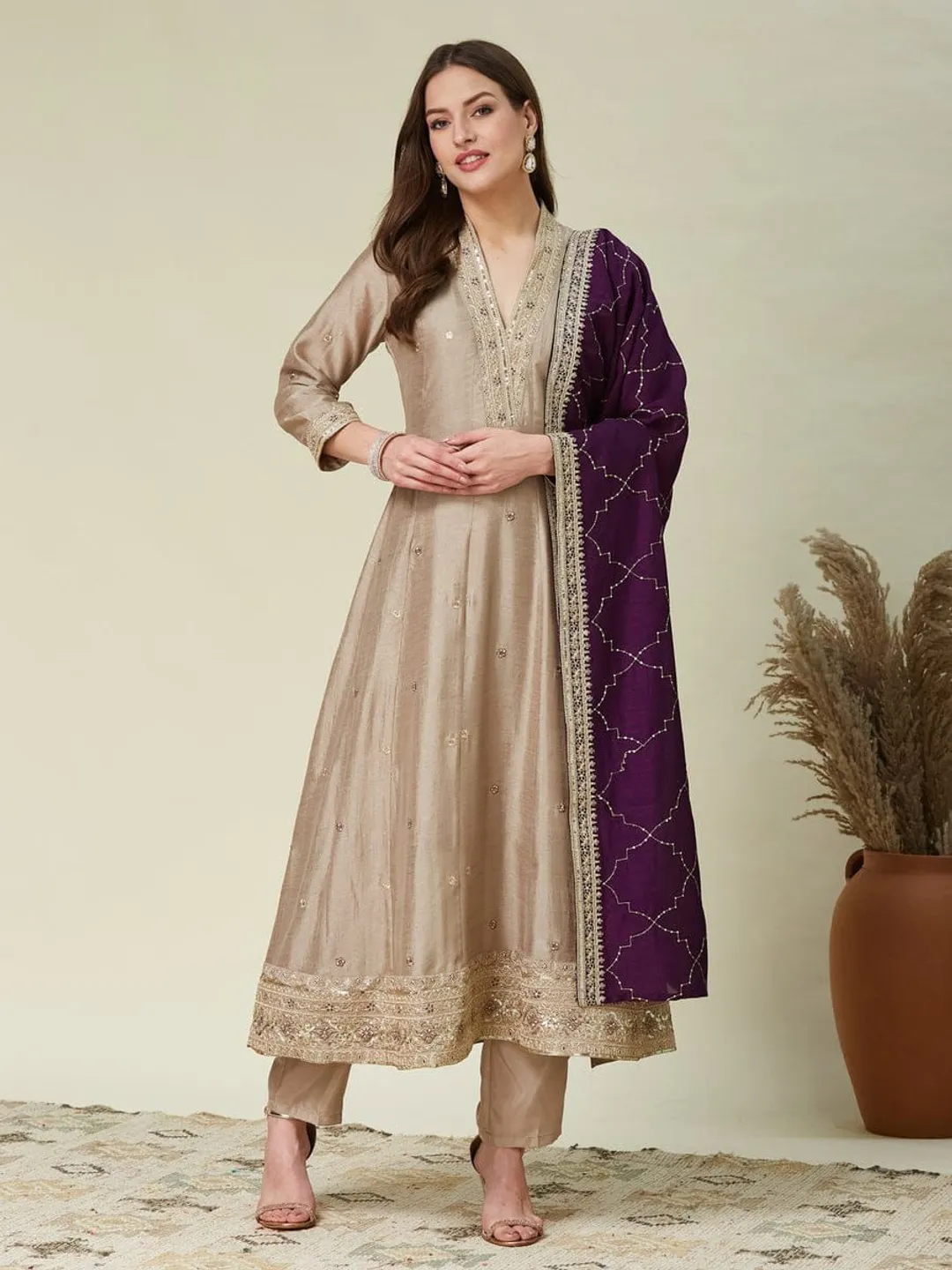 Beige Embroidered Silk Anarkali Set with Dupatta