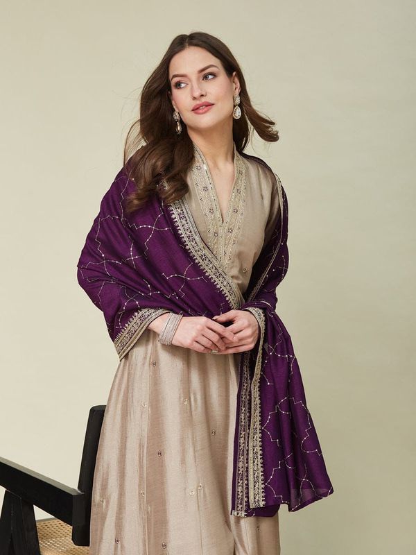 Beige Embroidered Silk Anarkali Set with Dupatta