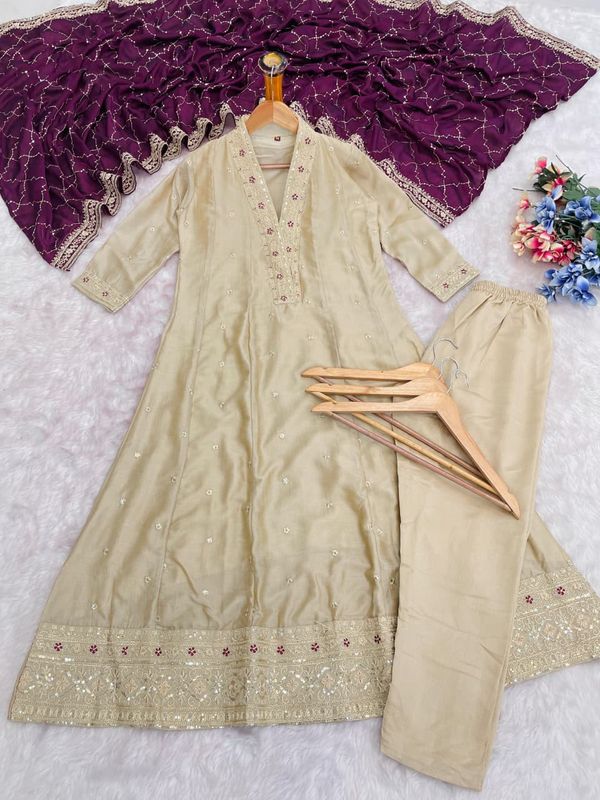 Beige Embroidered Silk Anarkali Set with Dupatta