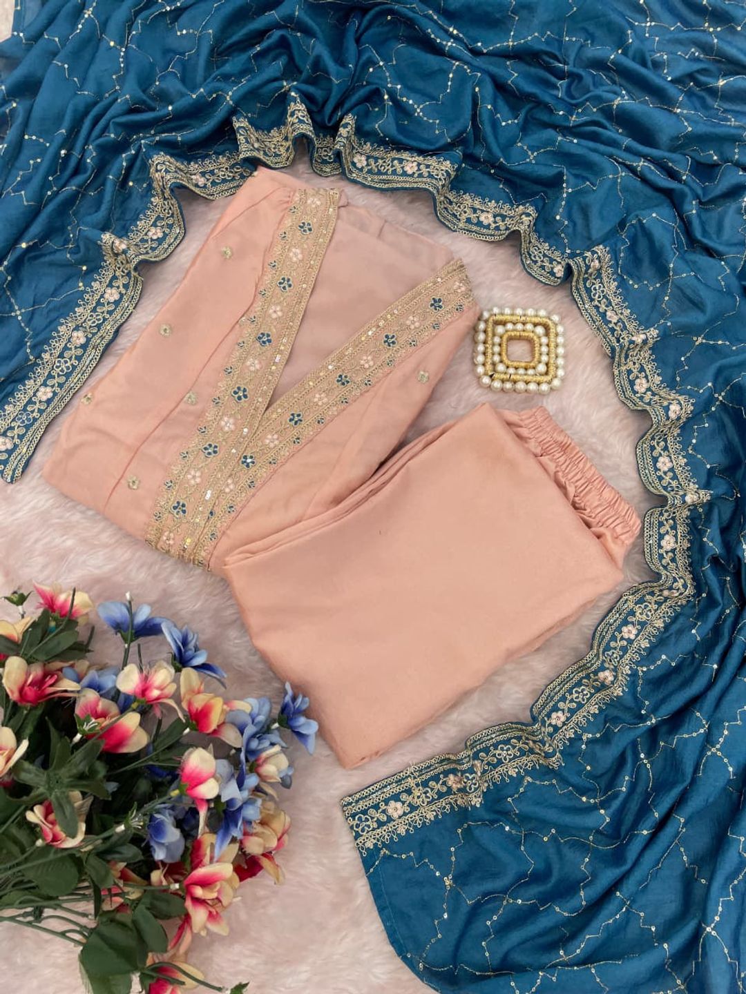 Peach Embroidered Silk Anarkali Set with Teal Dupatta