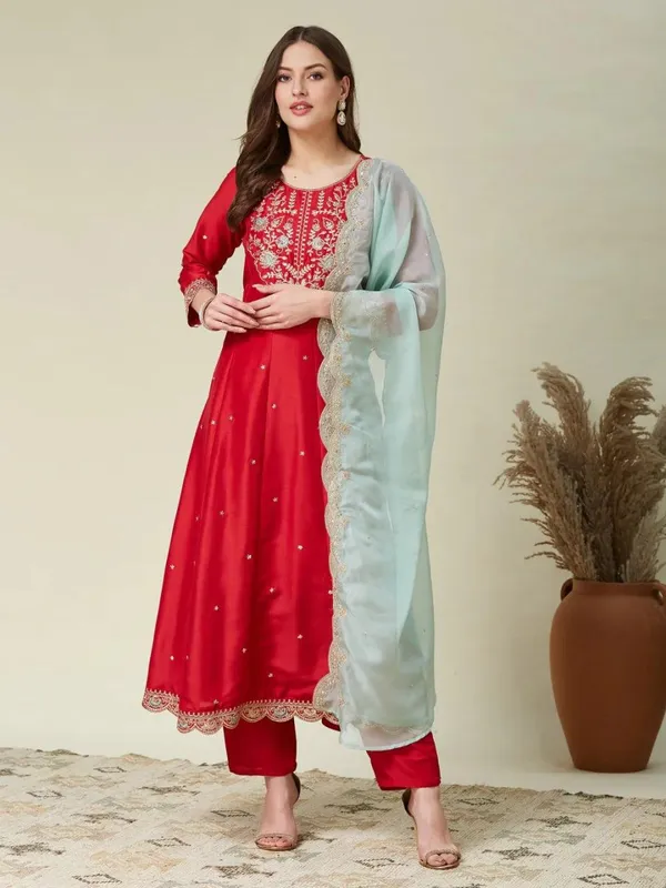 Red Silk Anarkali Kurti Set with Embroidered Dupatta