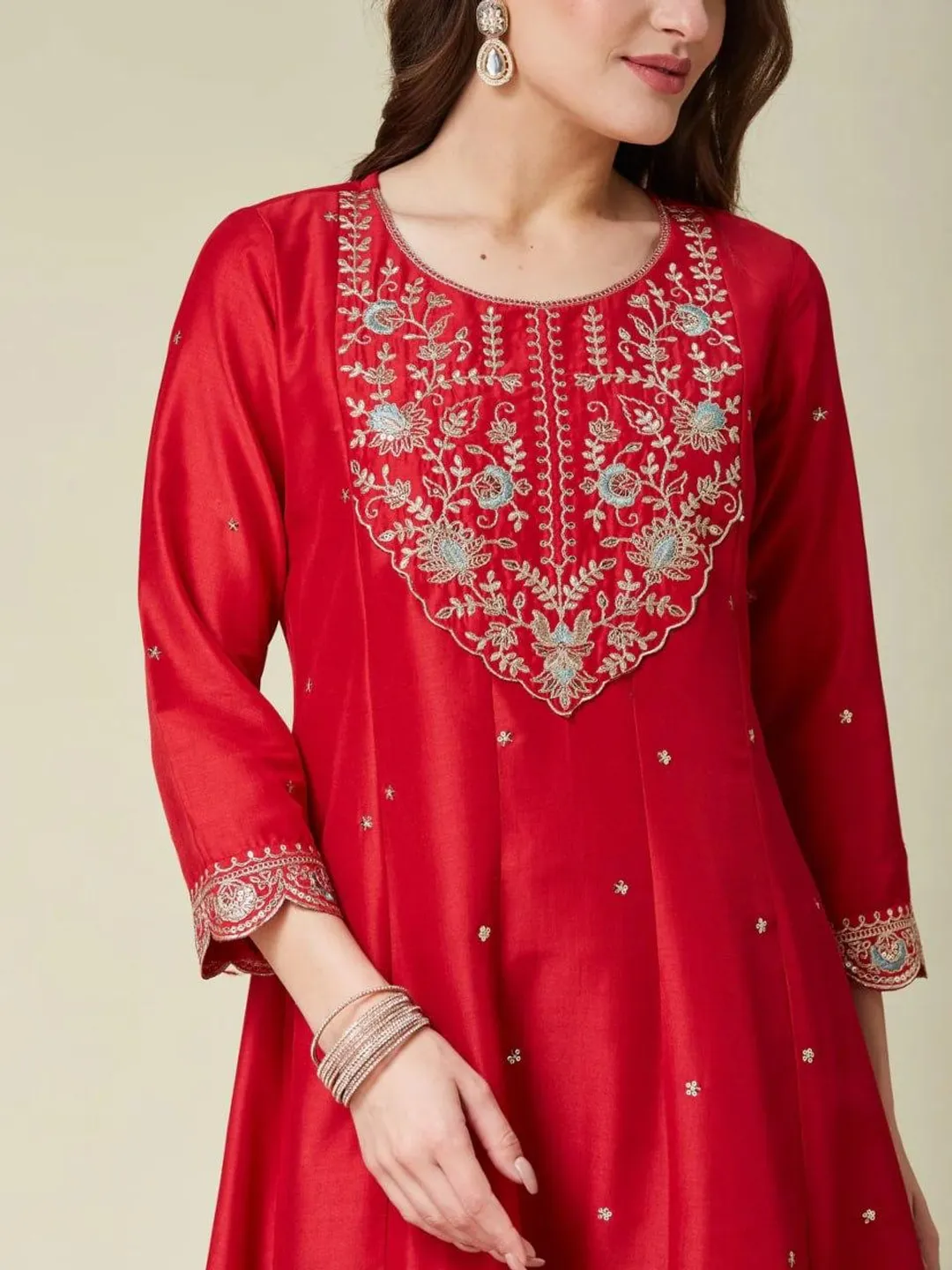 Red Silk Anarkali Kurti Set with Embroidered Dupatta