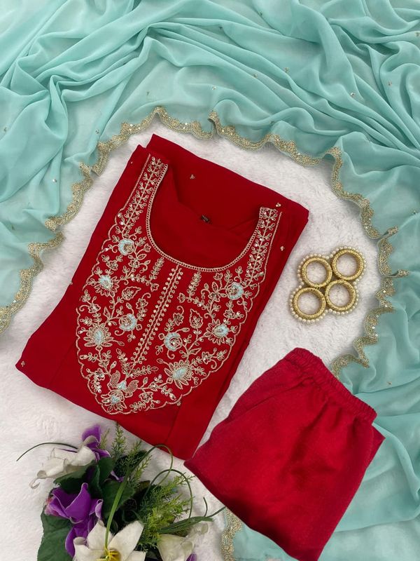 Red Silk Anarkali Kurti Set with Embroidered Dupatta