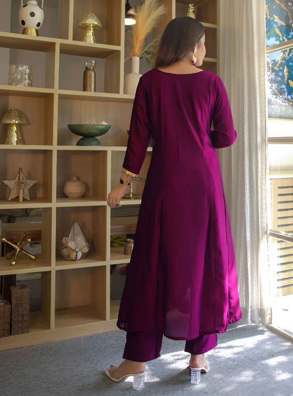 Wine Embroidered Silk Anarkali Kurti Pant Dupatta Set