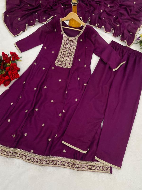 Wine Embroidered Silk Anarkali Kurti Pant Dupatta Set