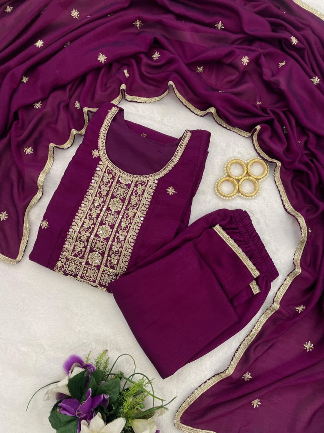 Wine Embroidered Silk Anarkali Kurti Pant Dupatta Set