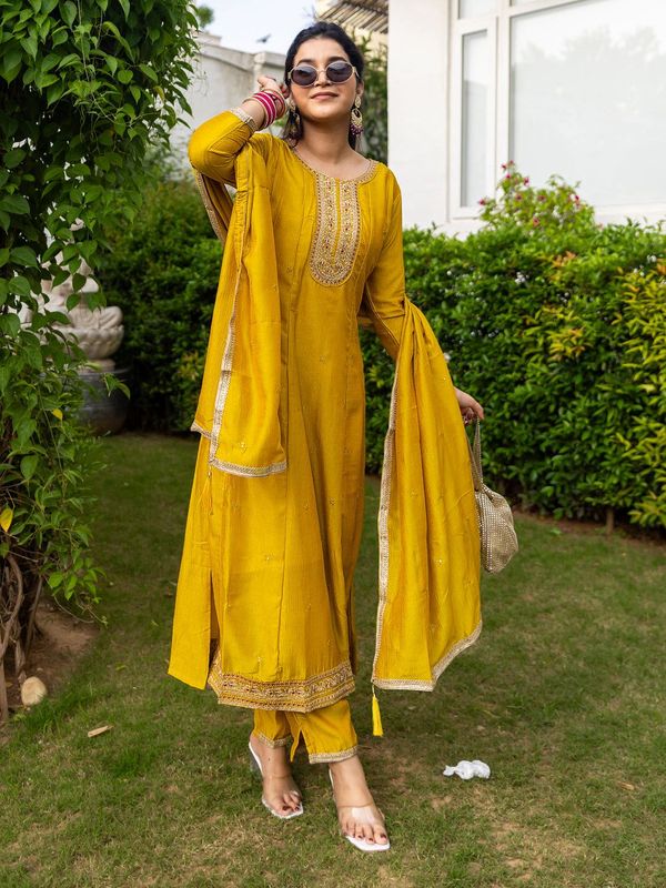 Mustard Silk Embroidered Anarkali Kurti Pant Set Sale
