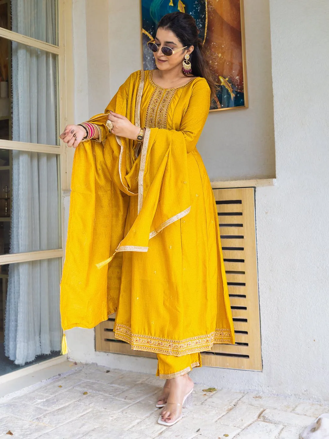 Mustard Silk Embroidered Anarkali Kurti Pant Set Sale