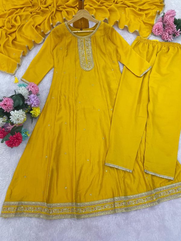 Mustard Silk Embroidered Anarkali Kurti Pant Set Sale