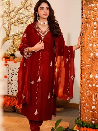 Maroon Embroidered Vichitra Silk Kurta Pant Set
