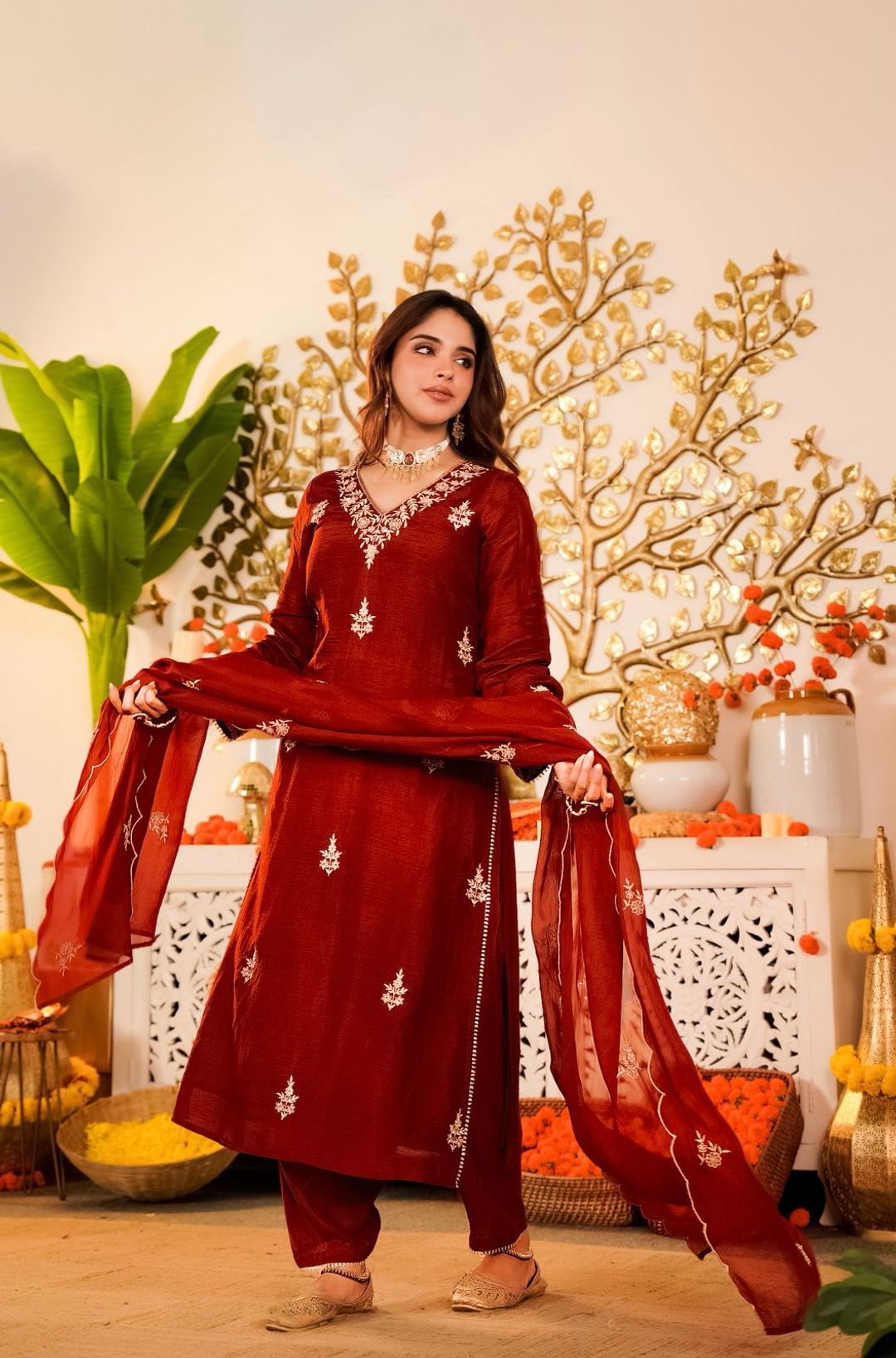 Maroon Embroidered Vichitra Silk Kurta Pant Set
