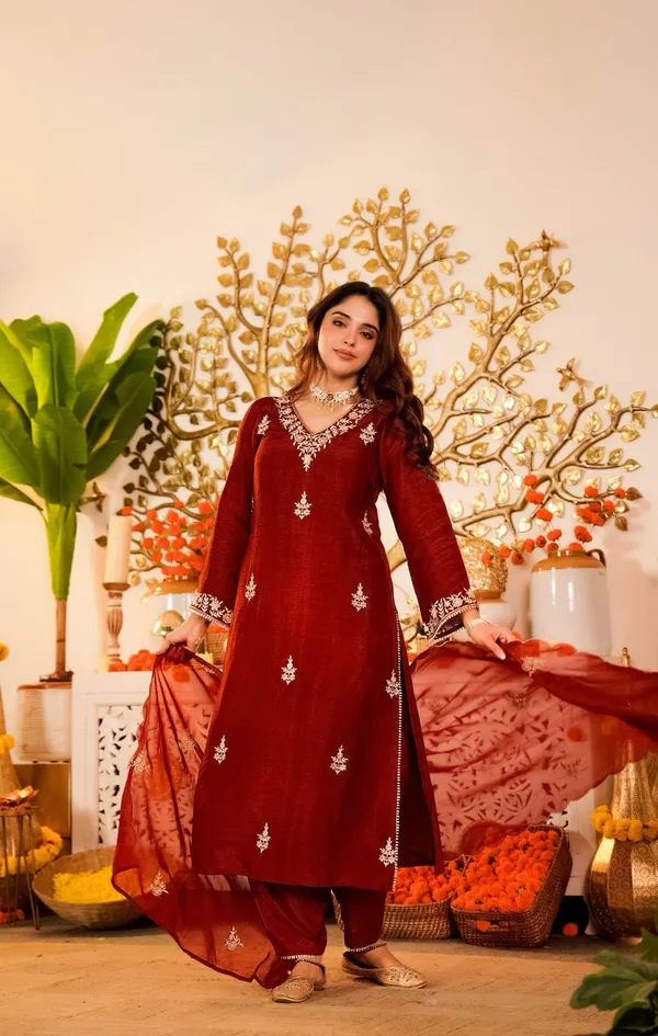 Maroon Embroidered Vichitra Silk Kurta Pant Set