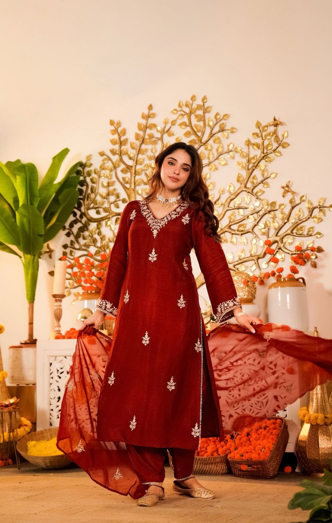 Maroon Embroidered Vichitra Silk Kurta Pant Set