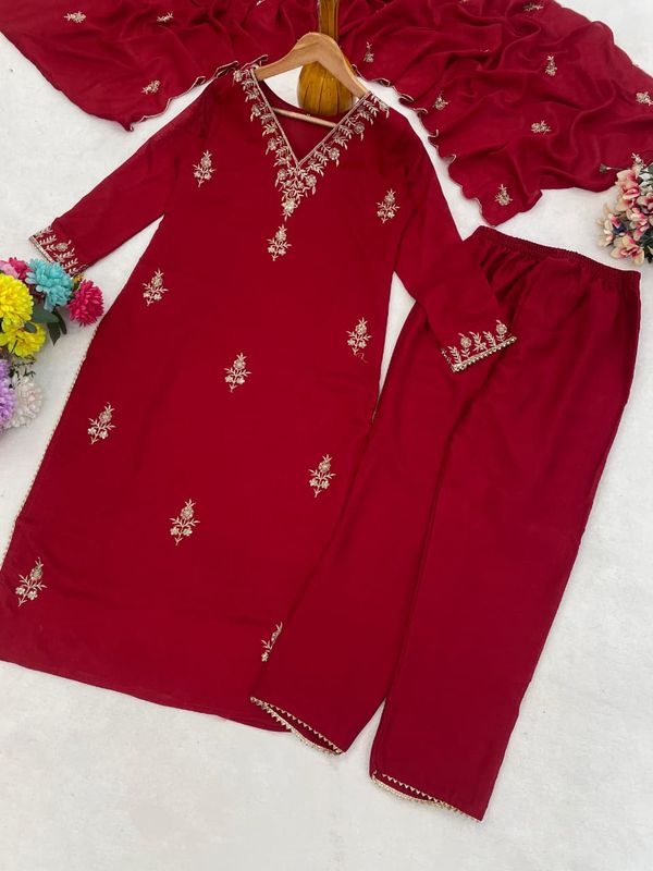 Maroon Embroidered Vichitra Silk Kurta Pant Set