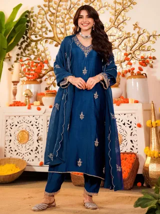 Navy Blue Embroidered Silk Kurta Pant Set