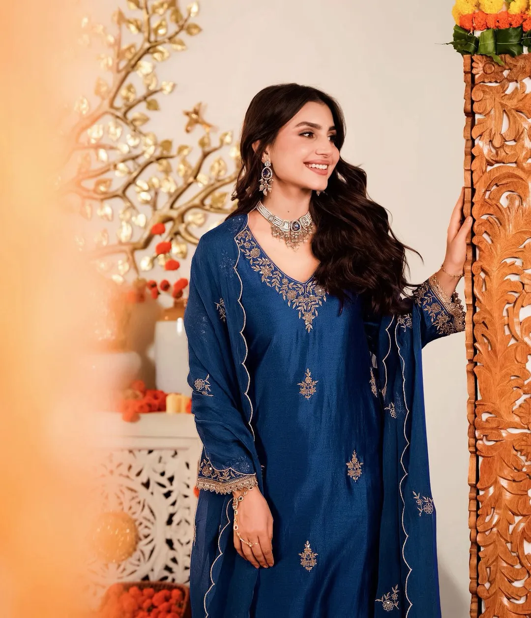 Navy Blue Embroidered Silk Kurta Pant Set