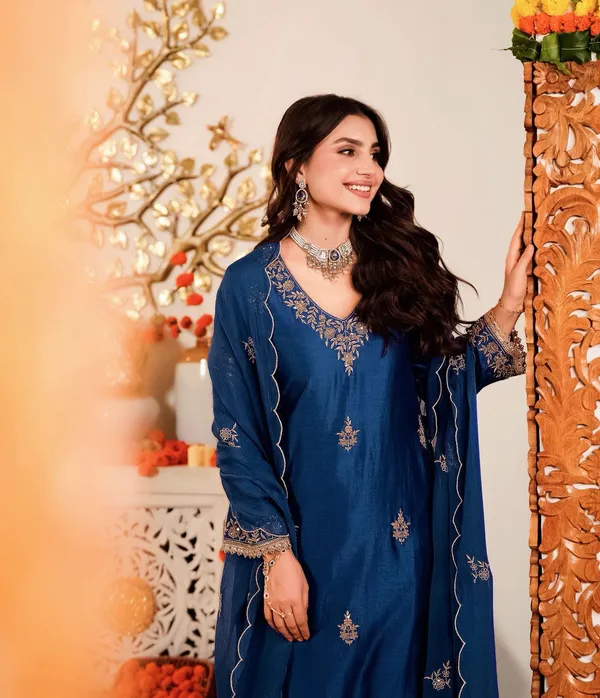 Navy Blue Embroidered Silk Kurta Pant Set