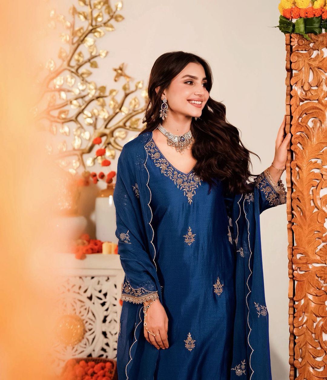 Navy Blue Embroidered Silk Kurta Pant Set