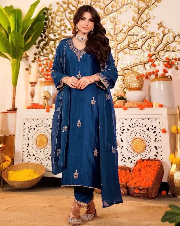 Navy Blue Embroidered Silk Kurta Pant Set