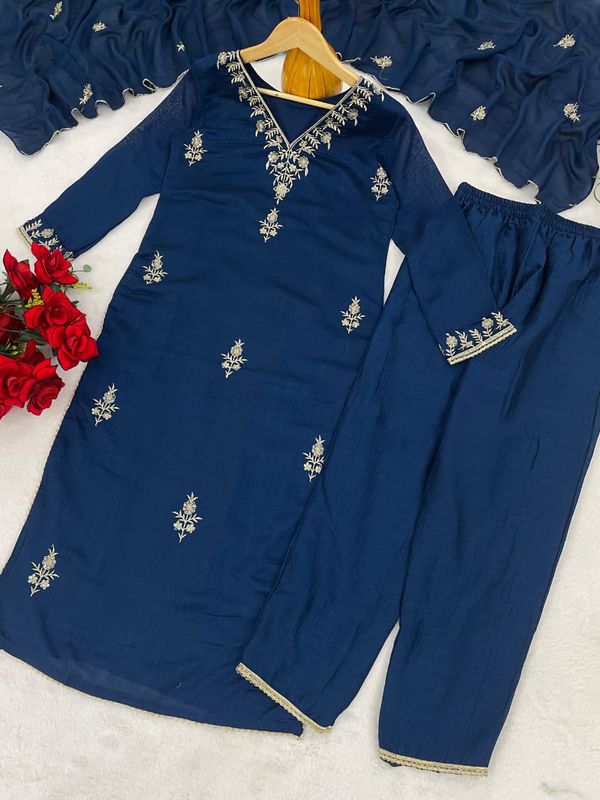 Navy Blue Embroidered Silk Kurta Pant Set