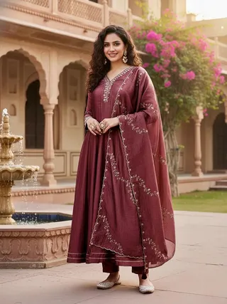 Festive Wear Maroon Silk Anarkali Suit Set for Women