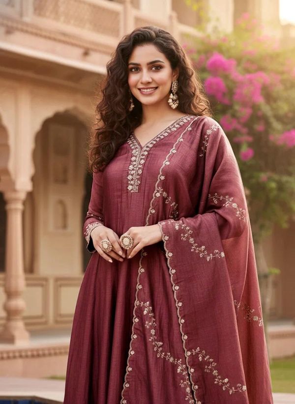 Festive Wear Maroon Silk Anarkali Suit Set for Women