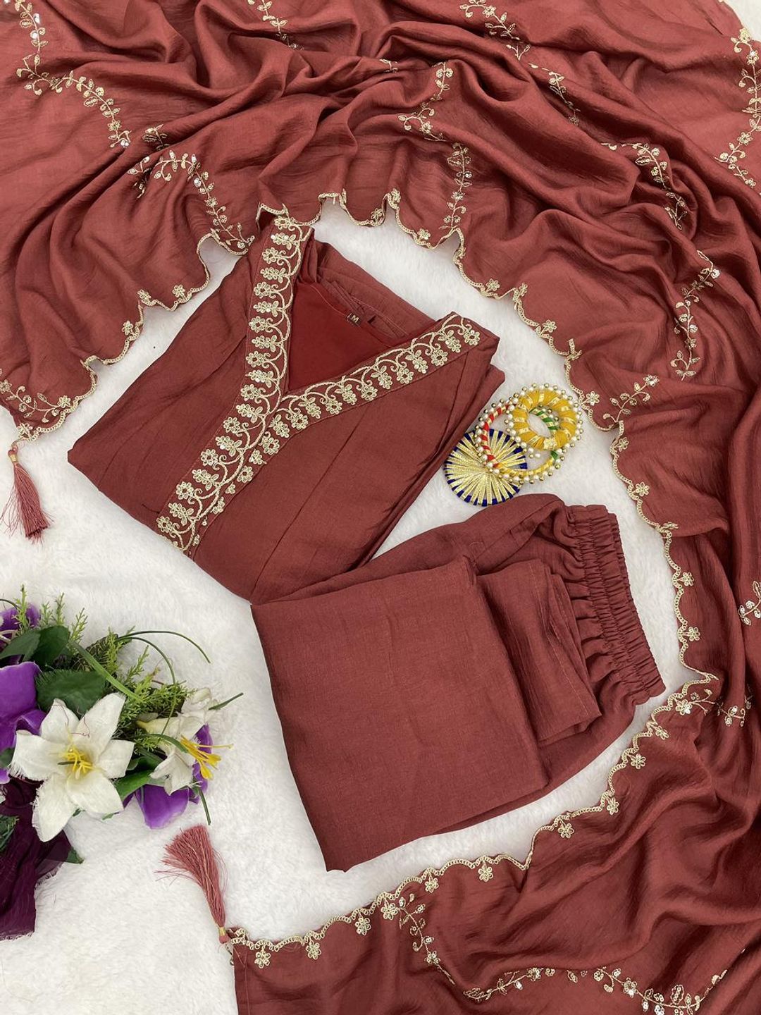 Festive Wear Maroon Silk Anarkali Suit Set for Women