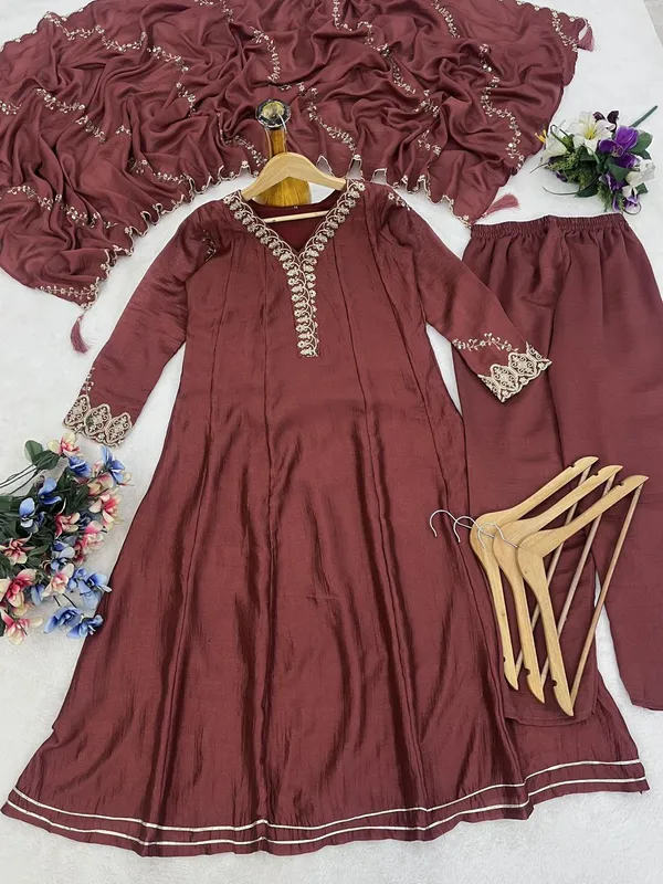 Festive Wear Maroon Silk Anarkali Suit Set for Women