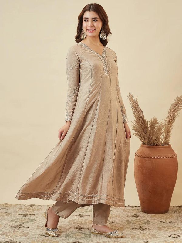 Elegant Beige Anarkali Kurta Pant Set with Dupatta