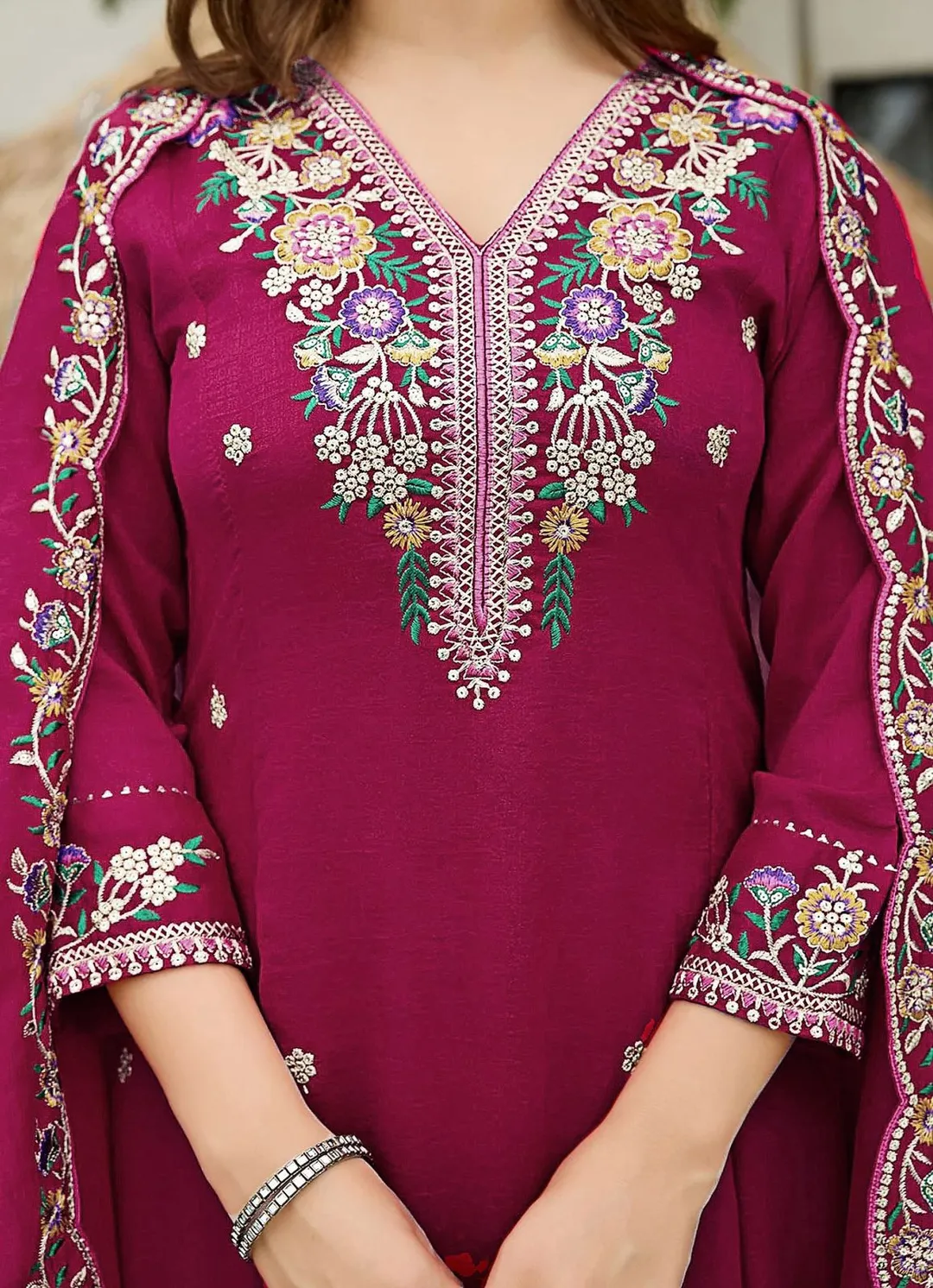 Designer Wine Kurta Pant Set with Floral Embroidery