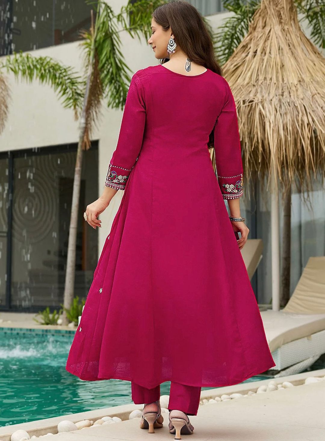 Designer Wine Kurta Pant Set with Floral Embroidery
