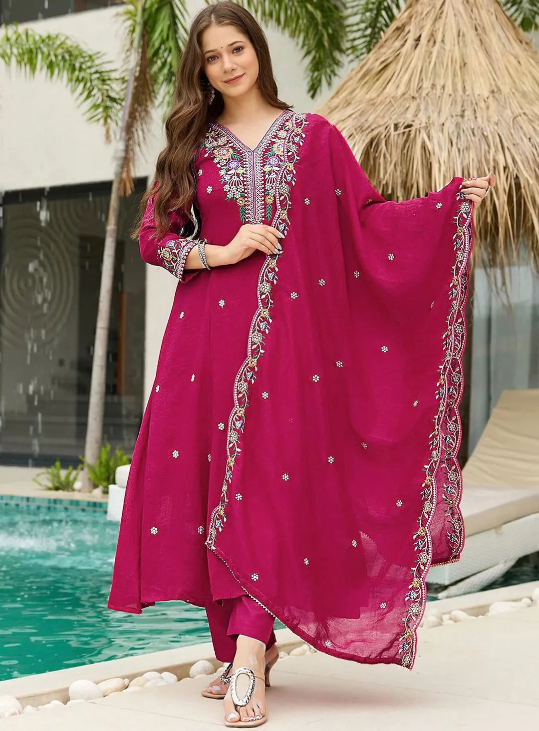 Designer Wine Kurta Pant Set with Floral Embroidery