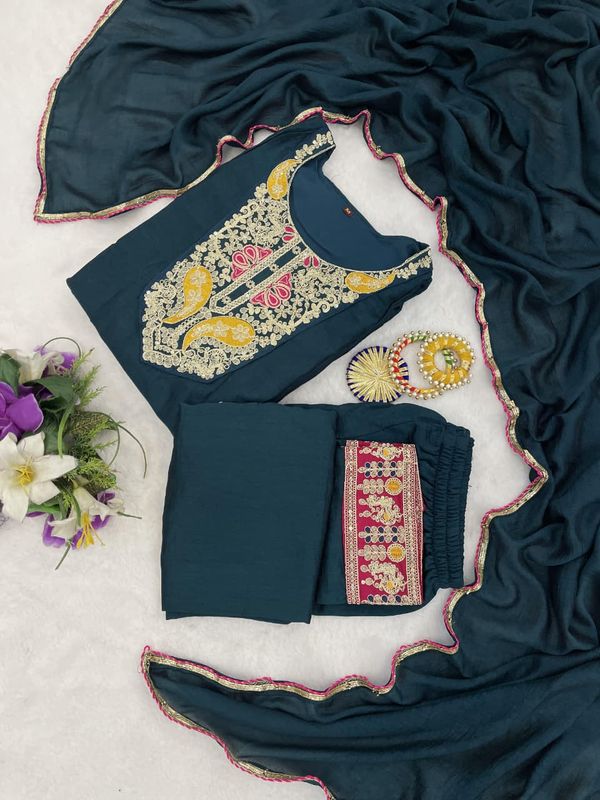 Teal Green Embroidered Silk Anarkali Kurta Set