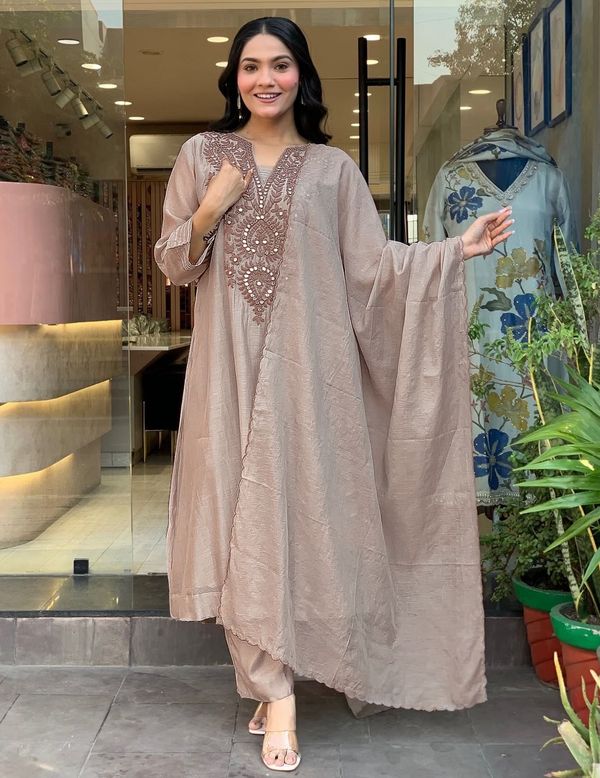 Premium Coffee Brown Roman Silk Kurta Set for Women