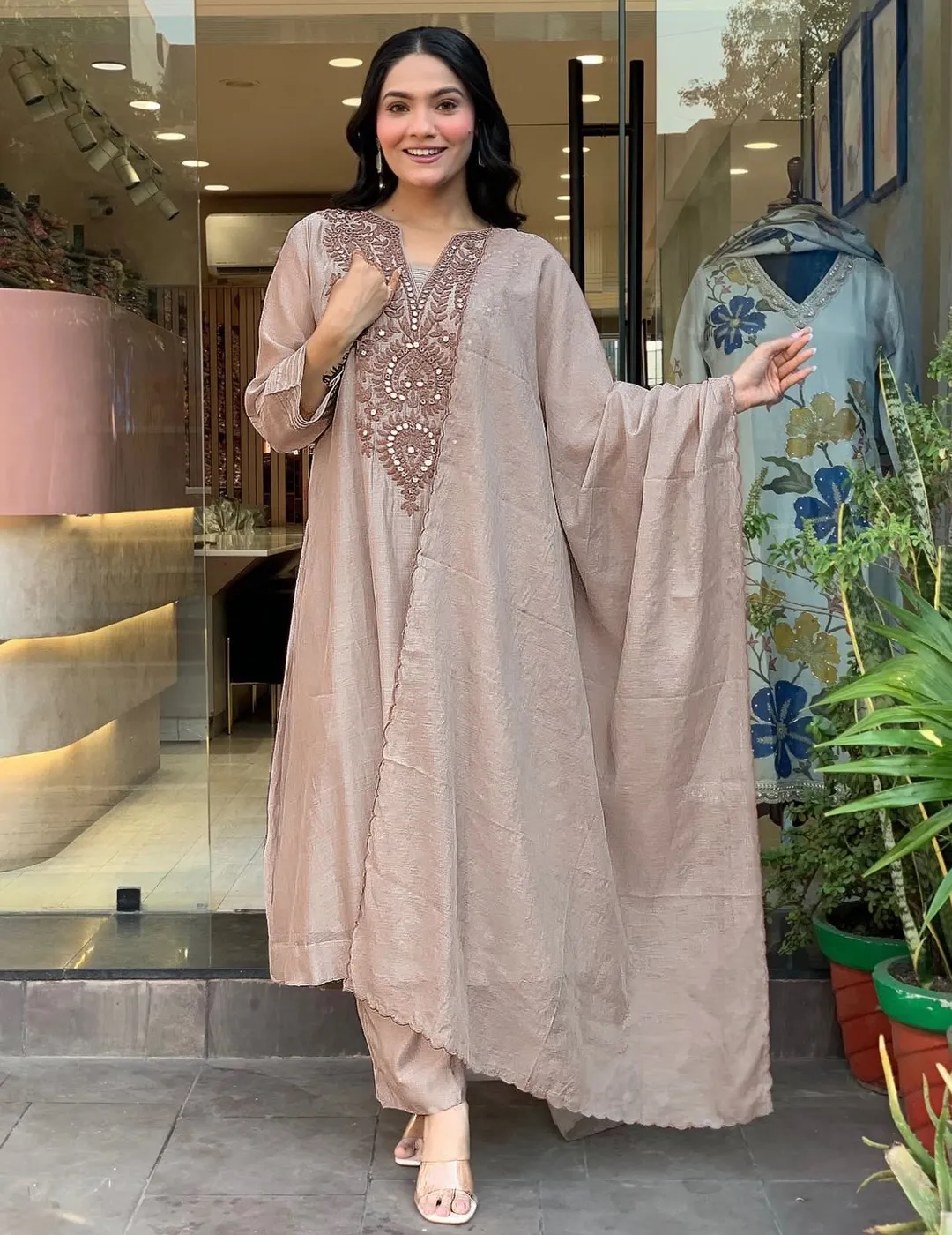 Premium Coffee Brown Roman Silk Kurta Set for Women