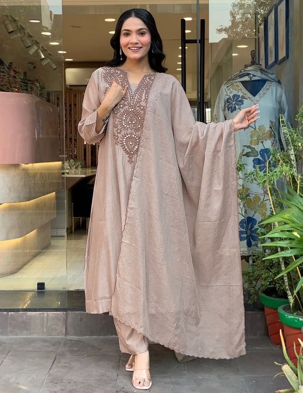 Premium Coffee Brown Roman Silk Kurta Set for Women