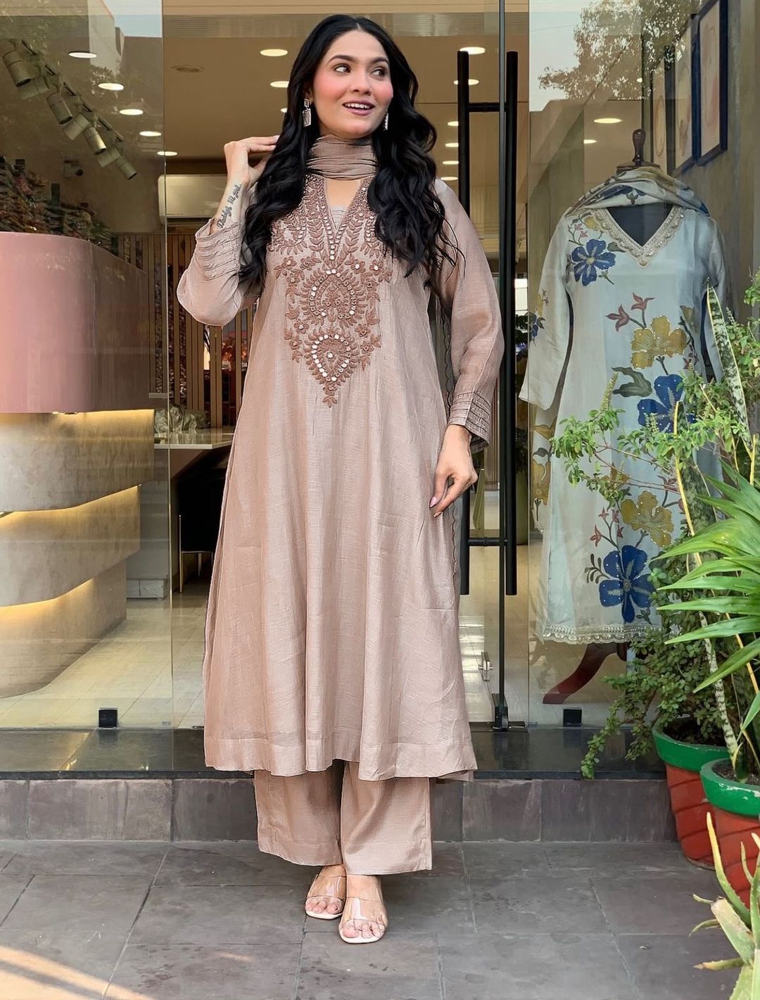 Premium Coffee Brown Roman Silk Kurta Set for Women